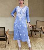 hand embroidered dark blue mal-mal lucknowi chikan kurta