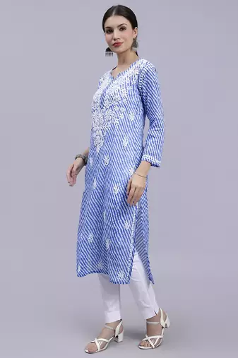 hand embroidered dark blue mal-mal lucknowi chikan kurta