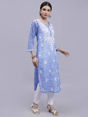 hand embroidered dark blue mal-mal lucknowi chikan kurta 3