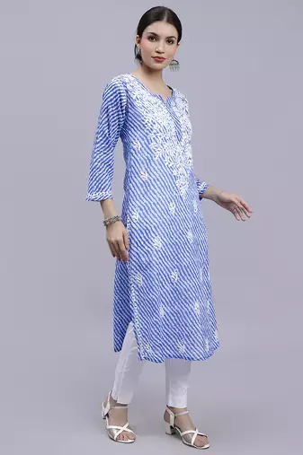 hand embroidered dark blue mal-mal lucknowi chikan kurta