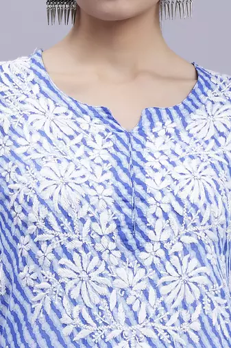 hand embroidered dark blue mal-mal lucknowi chikan kurta
