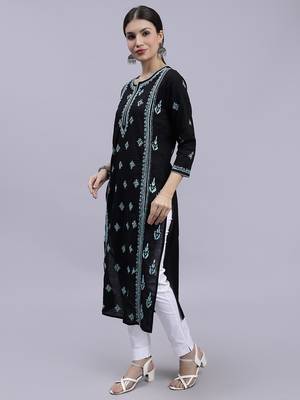 hand embroidered black cotton lucknowi chikan kurta 2