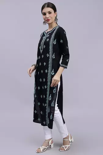 hand embroidered black cotton lucknowi chikan kurta
