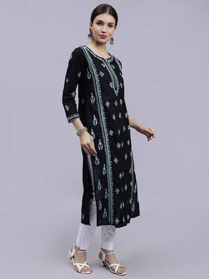 hand embroidered black cotton lucknowi chikan kurta 3