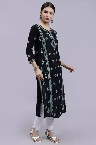 hand embroidered black cotton lucknowi chikan kurta