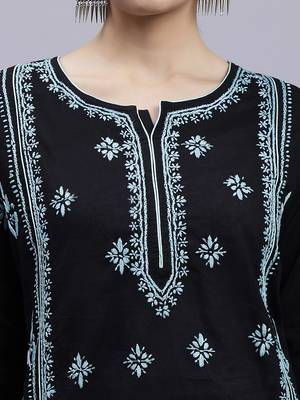 hand embroidered black cotton lucknowi chikan kurta 4
