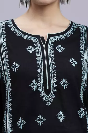 hand embroidered black cotton lucknowi chikan kurta