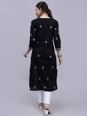 hand embroidered black cotton lucknowi chikan kurta 5