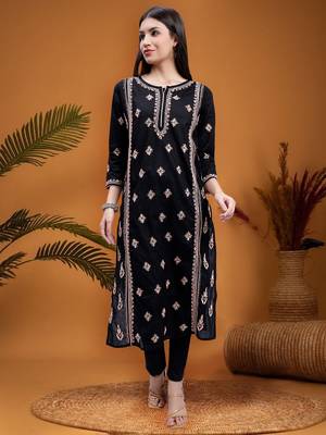 hand embroidered black cotton lucknowi chikan kurta 1