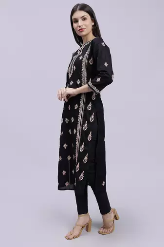hand embroidered black cotton lucknowi chikan kurta