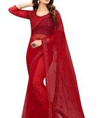 Red heavy resham badla zari embroidery net saree with blouse
