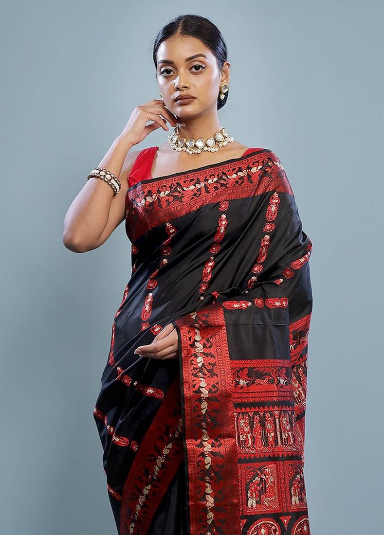 Black Baluchari Pure Silk Saree With Blouse Piece