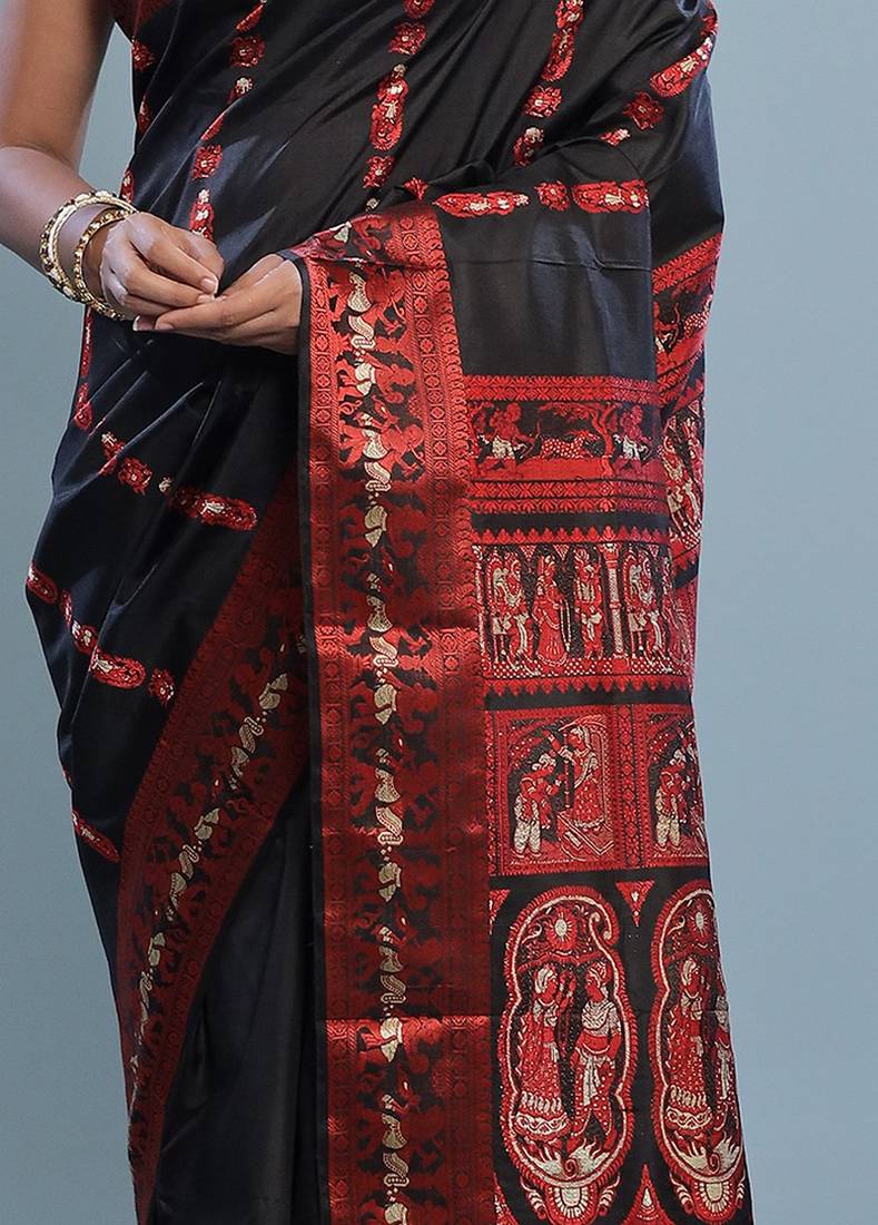 Black Baluchari Pure Silk Saree With Blouse Piece