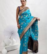 Blue Dupion Silk Saree With Blouse Piece
