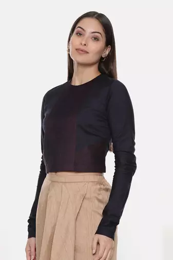 Silk Pintuck Blue Long Blouse