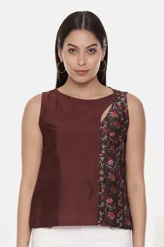 Brown Printed Silk Top