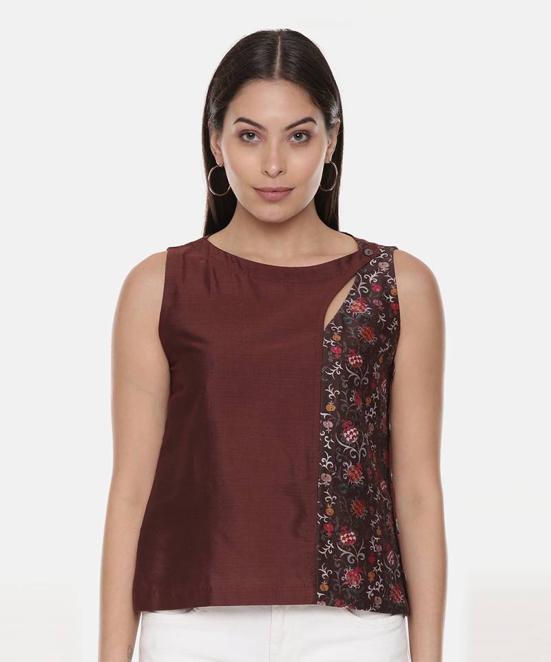 Brown Printed Silk Top