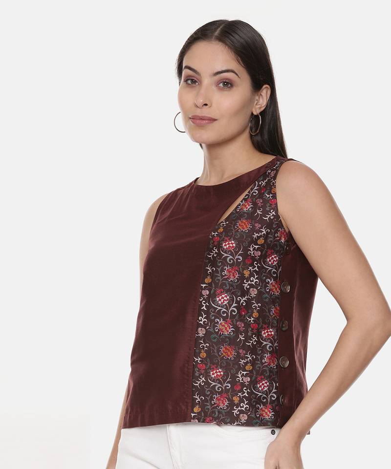 Brown Printed Silk Top