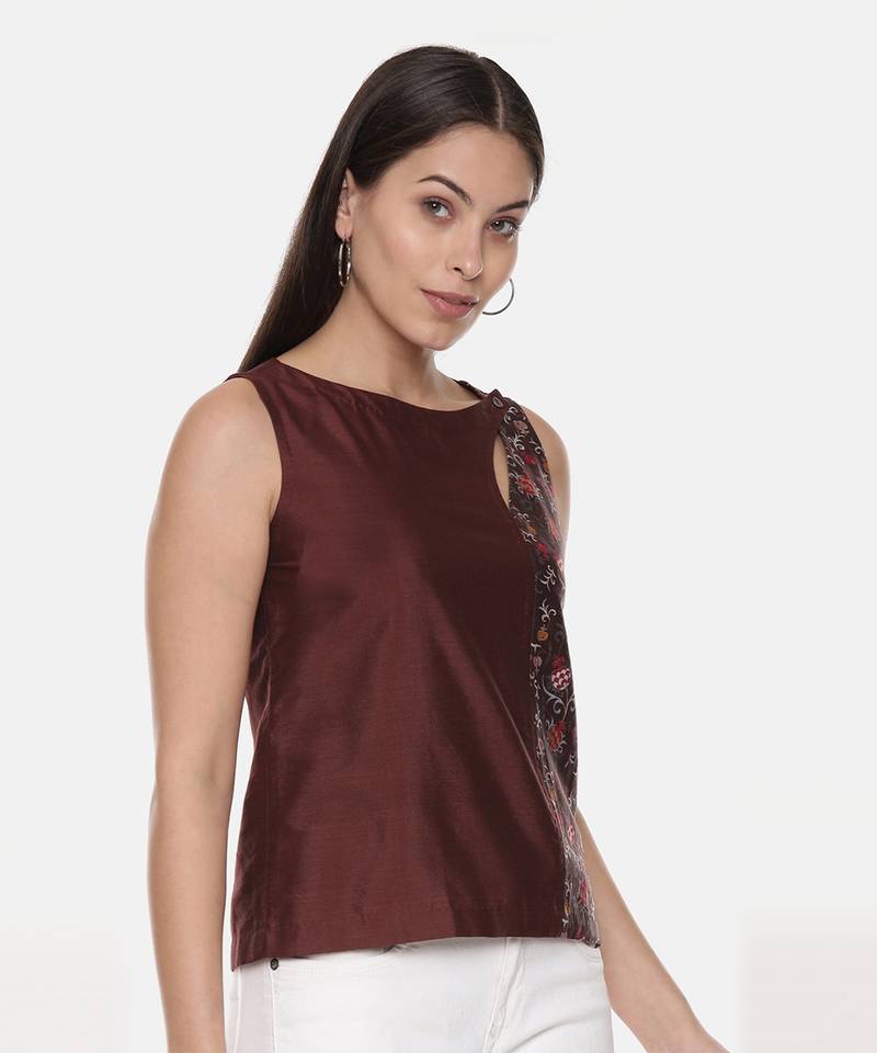 Brown Printed Silk Top