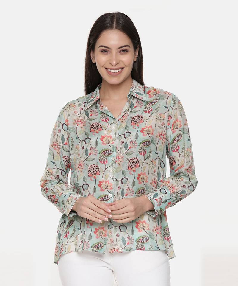 Green Muslin Printed Shirt