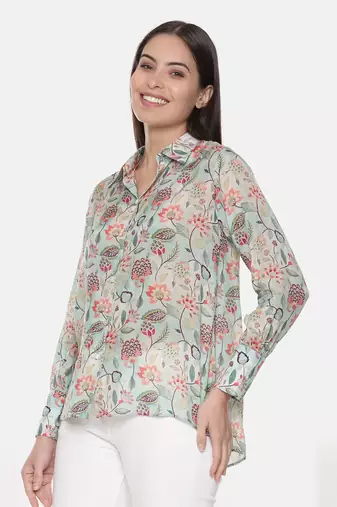 Green Muslin Printed Shirt