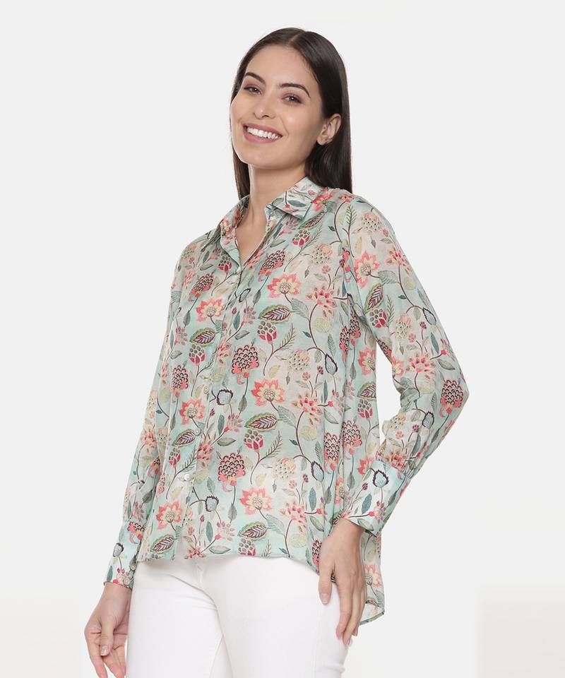 Green Muslin Printed Shirt