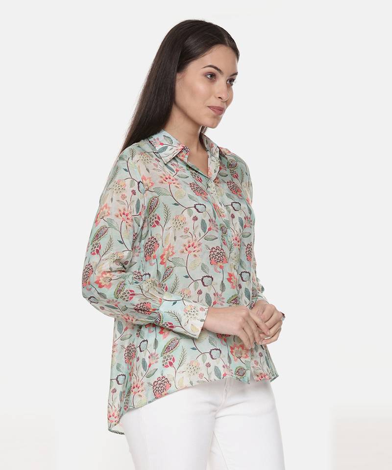 Green Muslin Printed Shirt