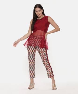 Silk Chanderi Red Top With Printed Pants 1