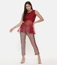Silk Chanderi Red Top With Printed Pants