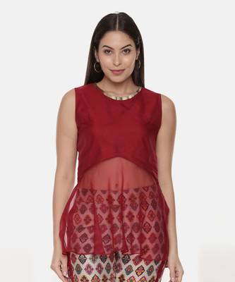 Silk Chanderi Red Top With Printed Pants 2