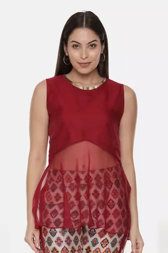 Silk Chanderi Red Top With Printed Pants
