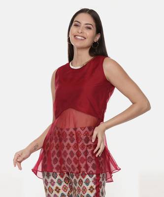 Silk Chanderi Red Top With Printed Pants 3