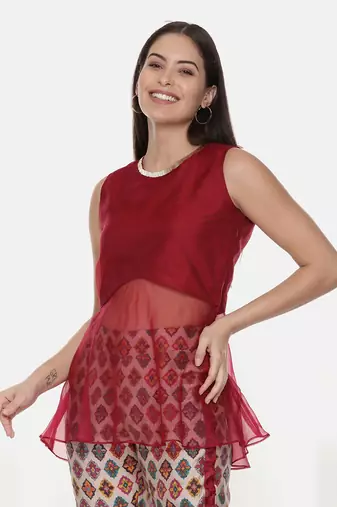 Silk Chanderi Red Top With Printed Pants