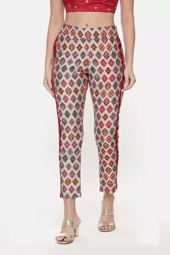 Silk Chanderi Red Top With Printed Pants