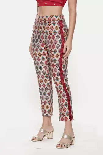 Silk Chanderi Red Top With Printed Pants