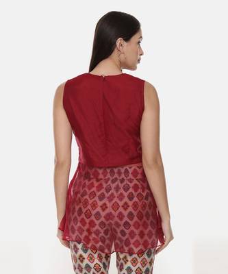 Silk Chanderi Red Top With Printed Pants 6