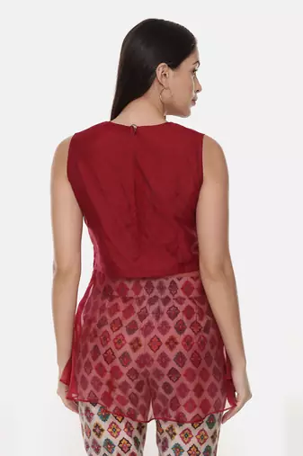 Silk Chanderi Red Top With Printed Pants
