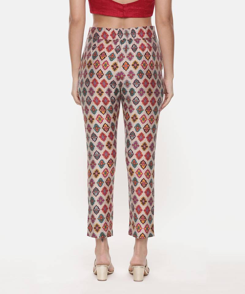 Silk Chanderi Red Top With Printed Pants