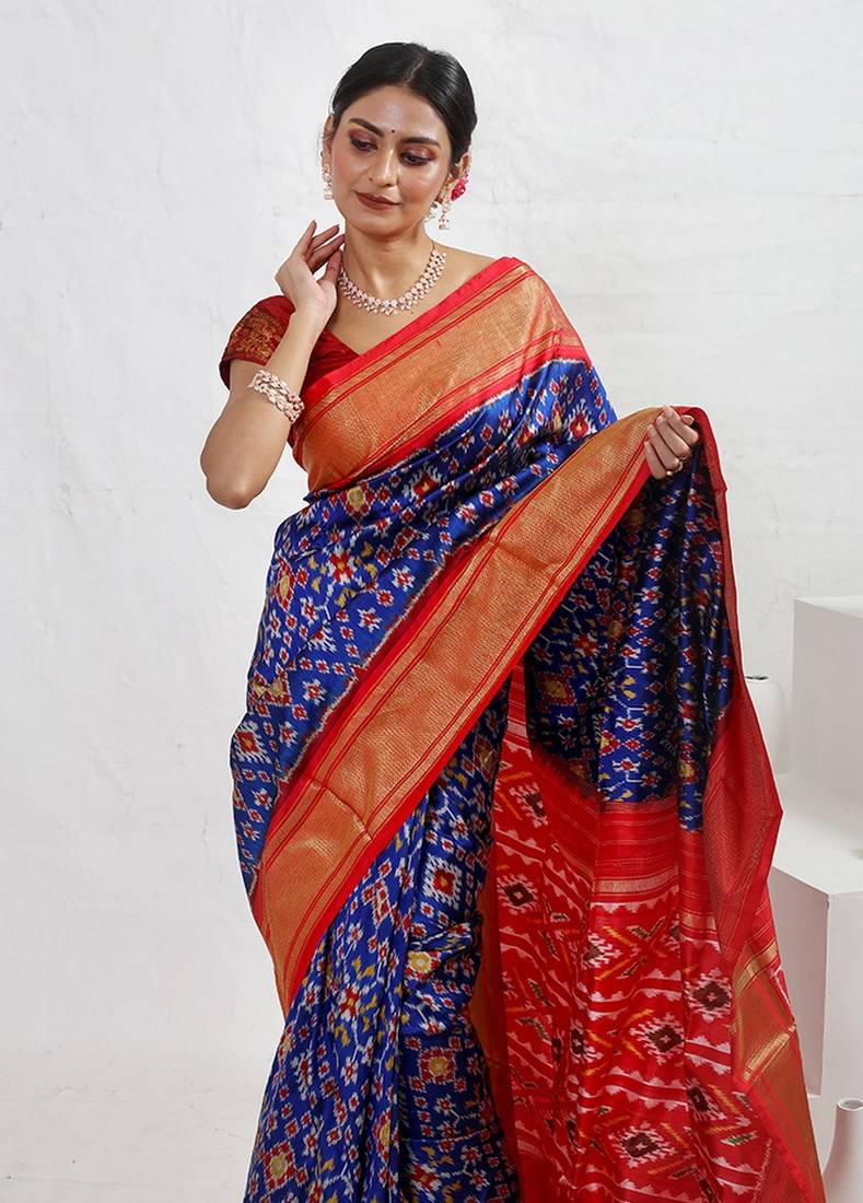 Blue Pure Silk Rajkot Patola Saree With Blouse Piece