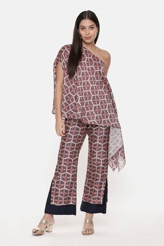 Red Blue Silk Chanderi Print Co-Ord Set