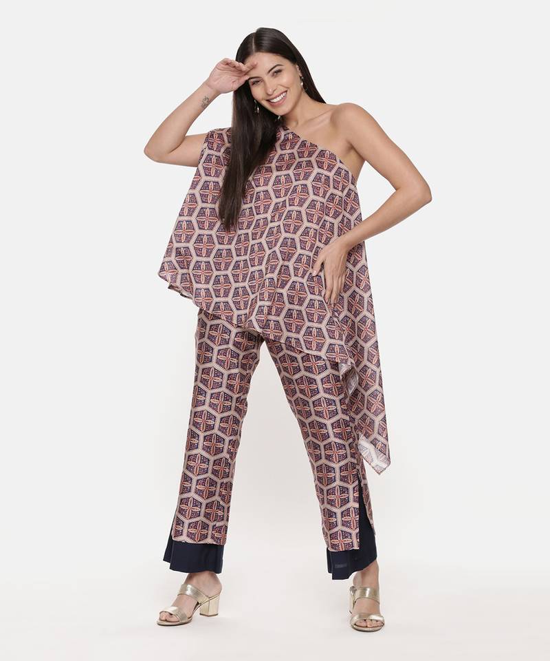 Red Blue Silk Chanderi Print Co-Ord Set