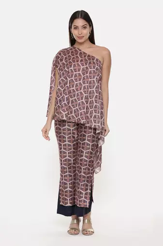 Red Blue Silk Chanderi Print Co-Ord Set
