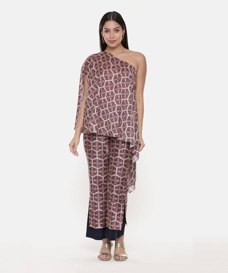 Red Blue Silk Chanderi Print Co-Ord Set