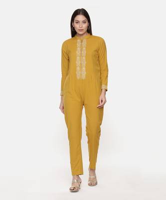 Mustard Cotton Embroidred Jumpsuit 1