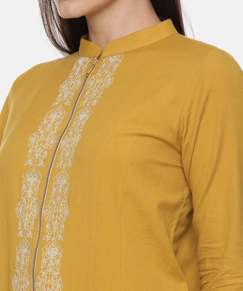 Mustard Cotton Embroidred Jumpsuit