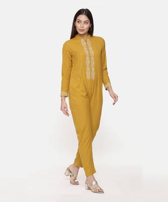 Mustard Cotton Embroidred Jumpsuit 3