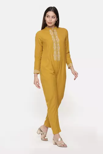 Mustard Cotton Embroidred Jumpsuit
