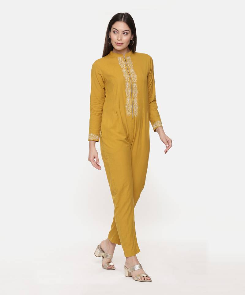 Mustard Cotton Embroidred Jumpsuit