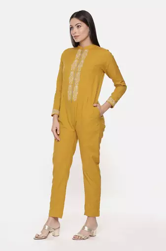 Mustard Cotton Embroidred Jumpsuit