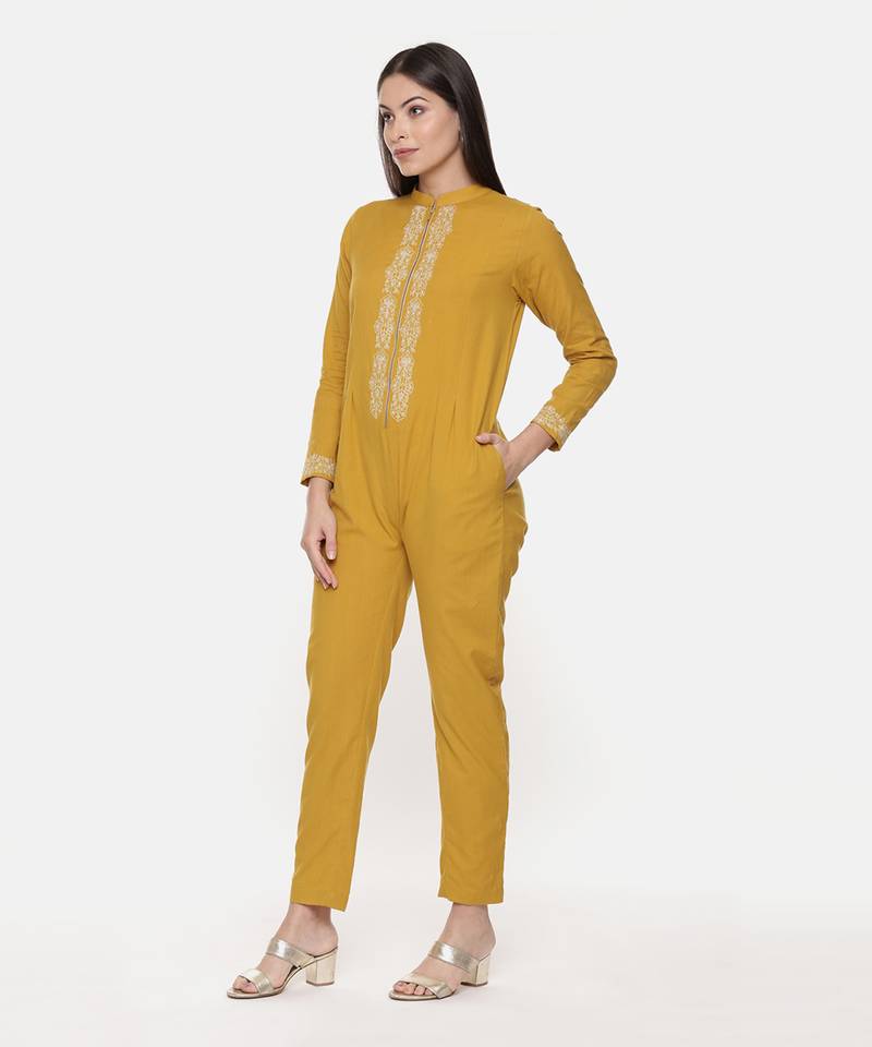 Mustard Cotton Embroidred Jumpsuit